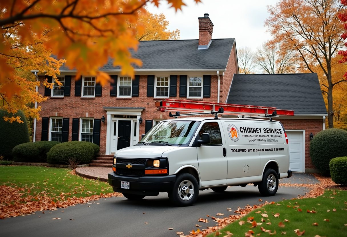 Chimney service van in a colonial home driveway — Bellevue